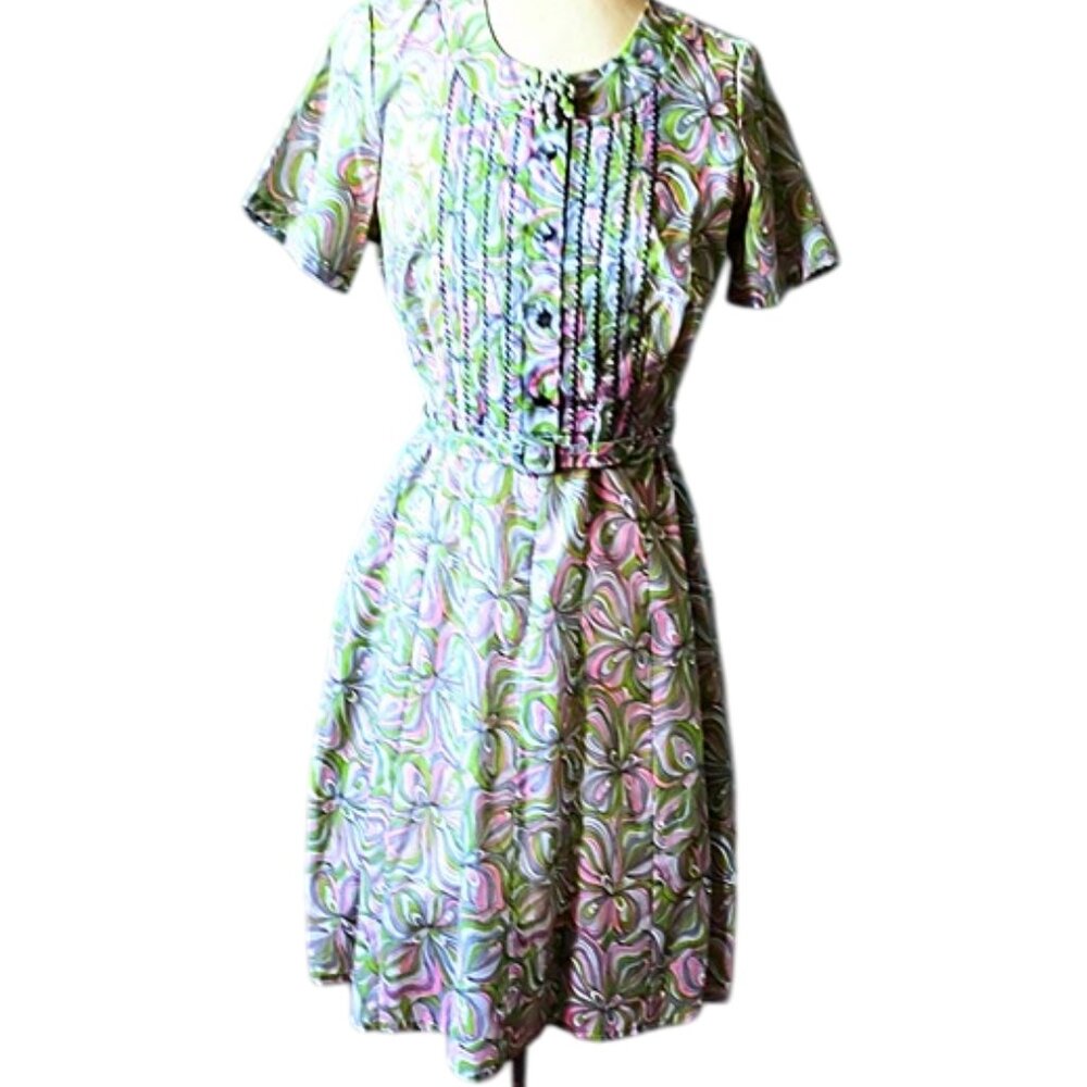 1950s Early 60 Vintage Bright Mod Print Fit & Flare Full Skirt Dress Large Size